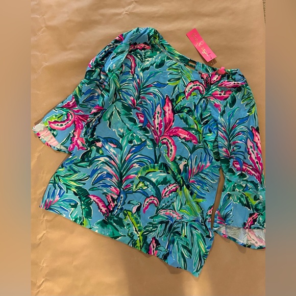 Lilly Pulitzer Fontaine Top Cotton 3/4 Sleeve Porto Blue In The Trees Size Large - Picture 5 of 7